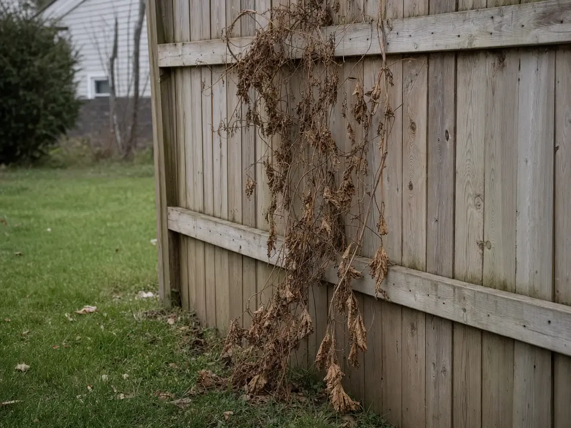 A dead brown brittle vine still clinging to a wooden fence panel, dry curled leaves caught in the grass beneath it