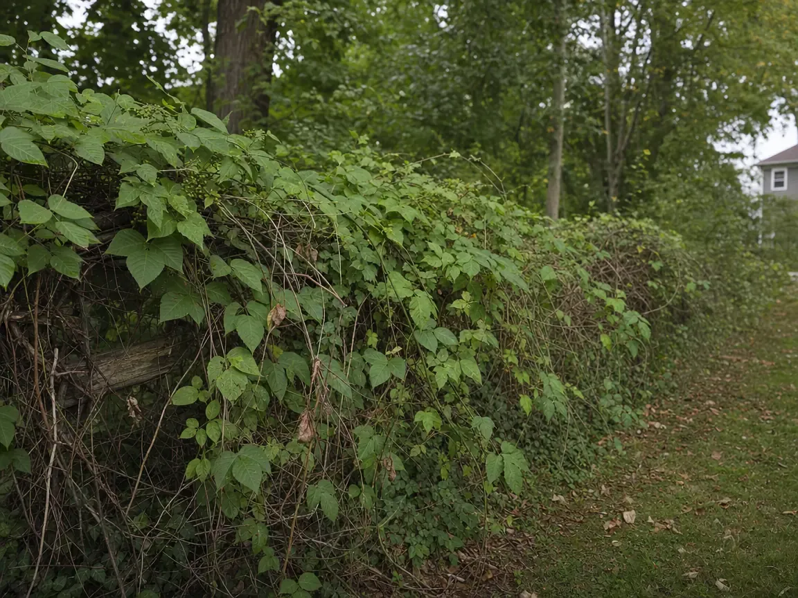 An old wire and timber fence line completely overrun by a tangle of woody vines and thorny canes grown through one another