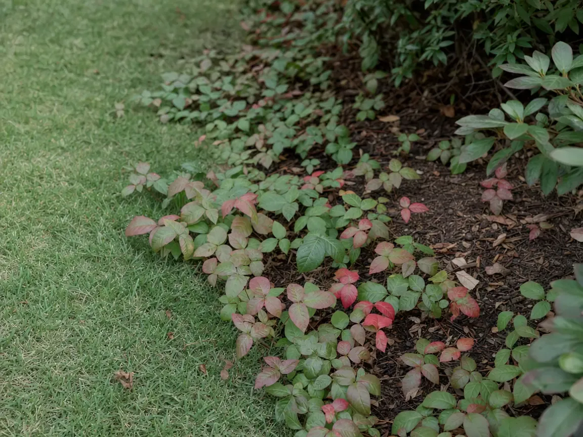 Low poison ivy groundcover spreading out of a mulched bed and over the edge of a mown lawn, some leaflets already turning red