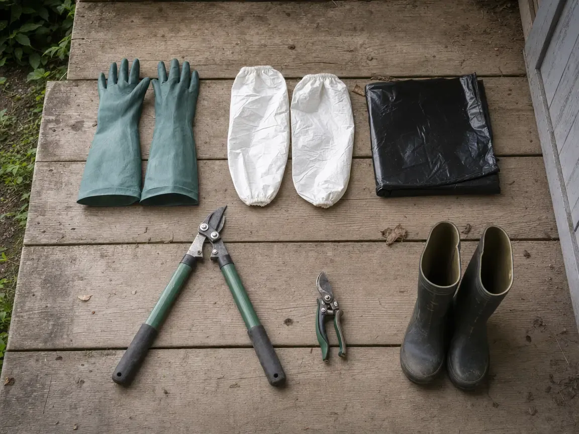 Poison ivy work kit laid out on weathered board: long cuffed gauntlet gloves, protective sleeves, loppers, a folded contractor bag, and rubber boots