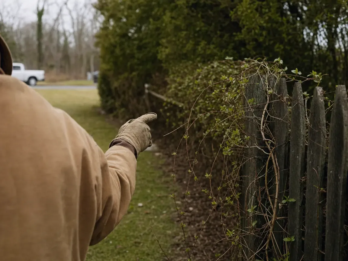 A gloved hand indicating vine growth along a property boundary fence during a site walk