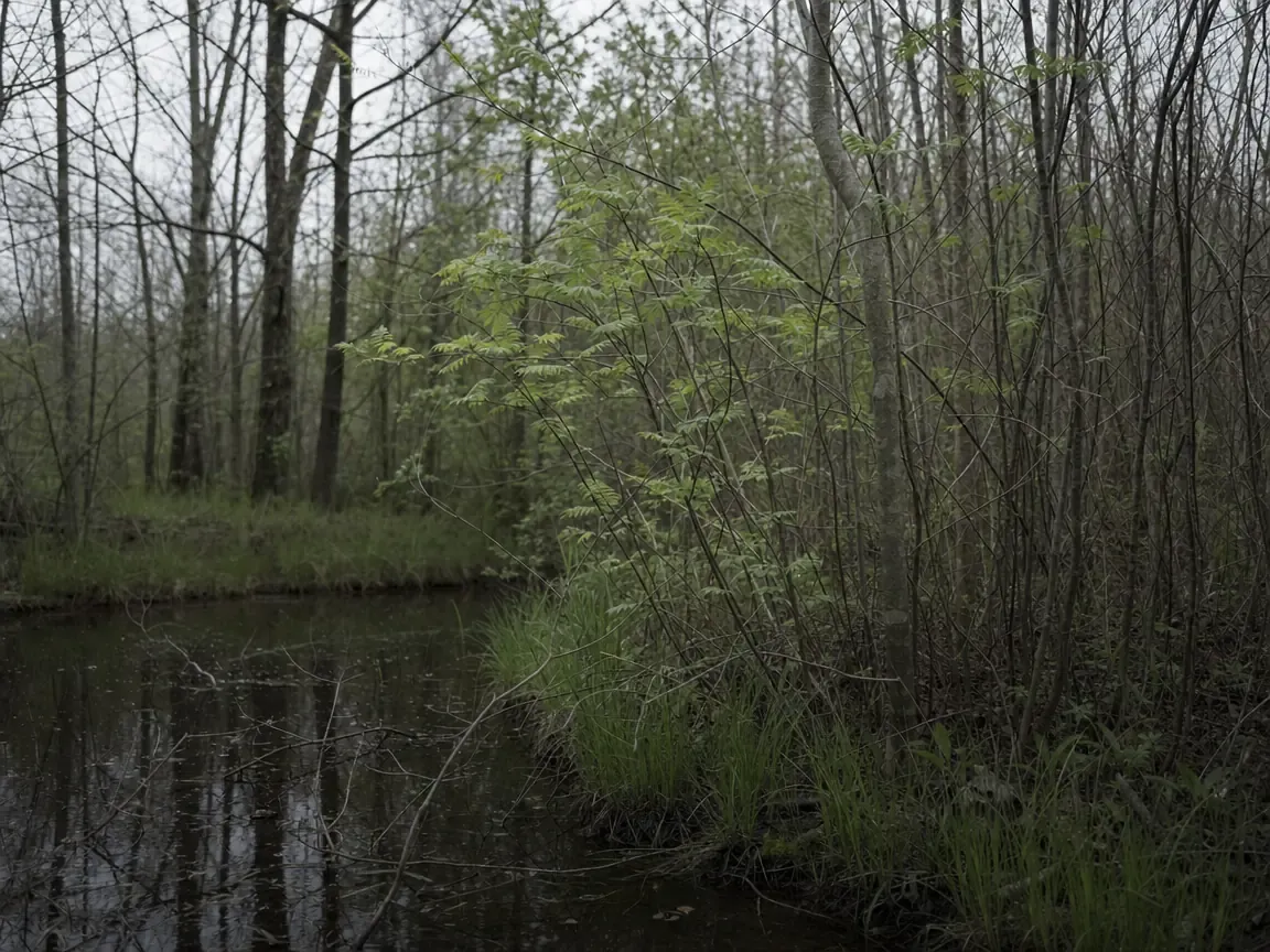 The margin of a Northeast freshwater swamp — still tea-coloured water, sedge tussocks, and slender multi-stemmed shrubs rising from saturated ground