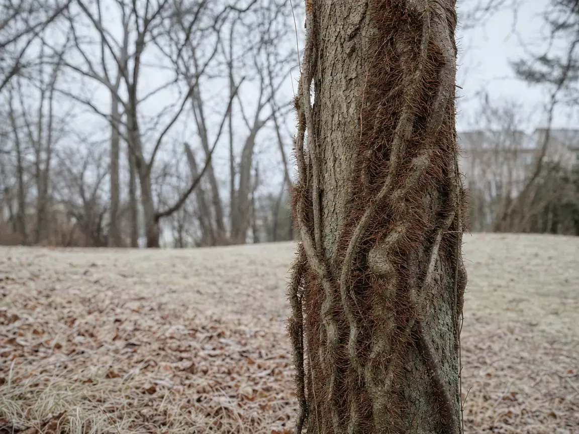 A leafless winter vine, thick and furred with reddish aerial rootlets, spiralling up the bare trunk of a tree above frosted leaf litter